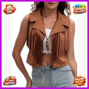 Faux Suede Cropped Vest with Fringe Tassels, Sleeveless Western Style
